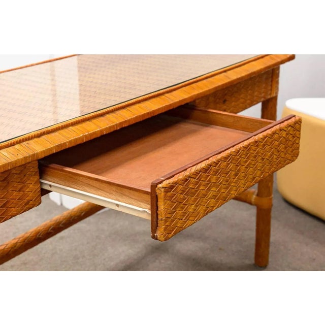 Leather Basket Weave Glass Top Foyer Console Table Attributed to McGuire For Sale In Detroit - Image 6 of 10