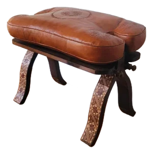 Handcrafted Moroccan Camel Saddle, Genuine Leather Cushion Stool / Medium Brown
