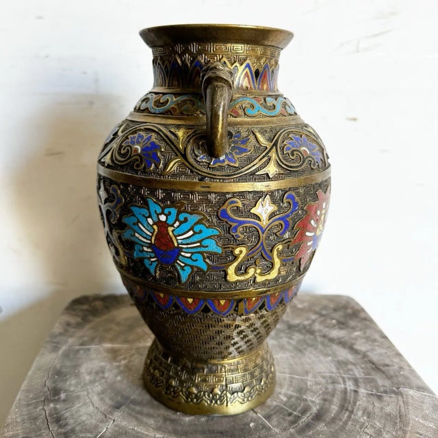 Japanese Antique Japanese Brass Enameled Chapleve Vase For Sale - Image 3 of 6