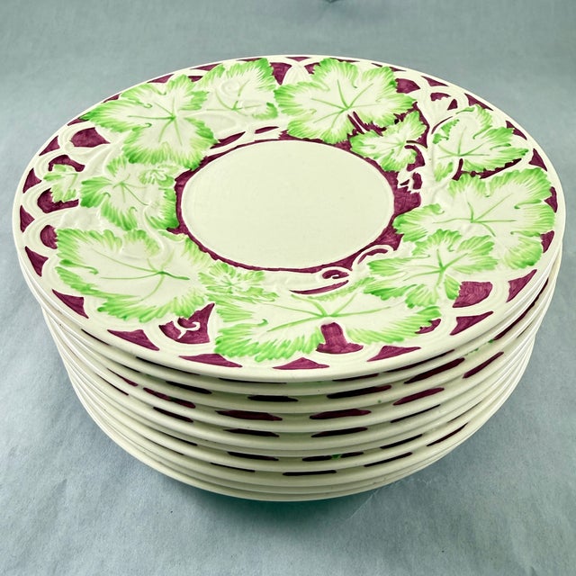 Wedgwood Hand Painted Burgundy & Green Leaf Plates, Set of 10 For Sale - Image 10 of 13