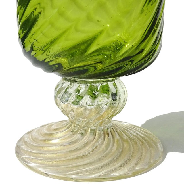 Late 20th Century Vintage Murano Decanter Green Gold Flecks Italian Art Glass Midcentury Lidded Candy Jar With Labels For Sale - Image 5 of 6