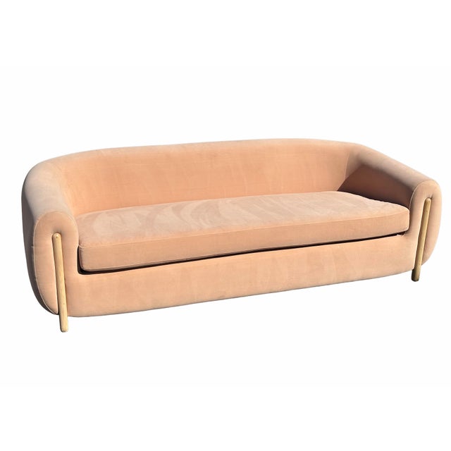 Pair of Curved Blush Velvet Sofas – Sculptural Modern Seating For Sale - Image 4 of 11