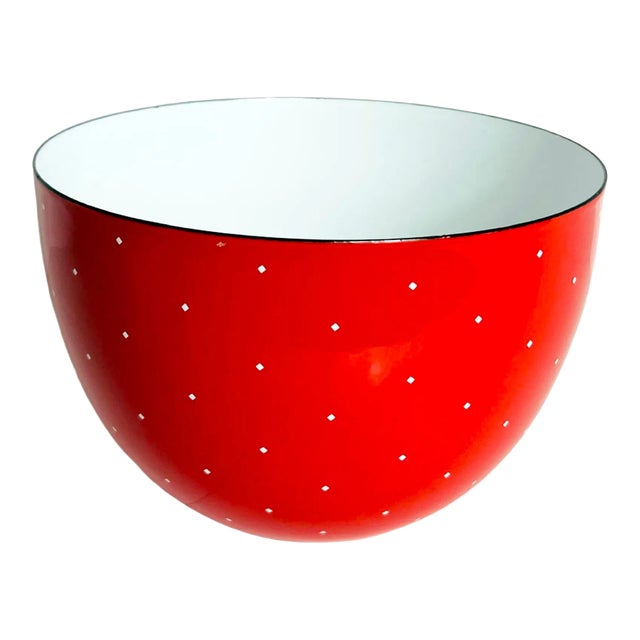 Mid Century Modern Ampler Ejiry Red Enamel Bowl With White Diamonds Kaj Frank Style For Sale
