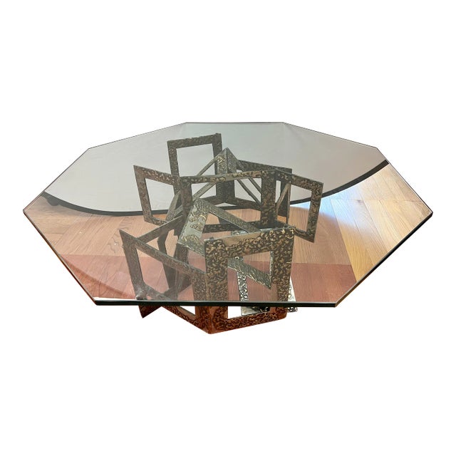Mid Century Brutalist Sculptural Metal and Glass Coffee Table For Sale