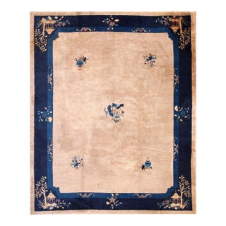 1930s Beige Floral Antique Chinese Peking Rug 8'0"x 9'8" Handknotted Wool Carpet For Sale