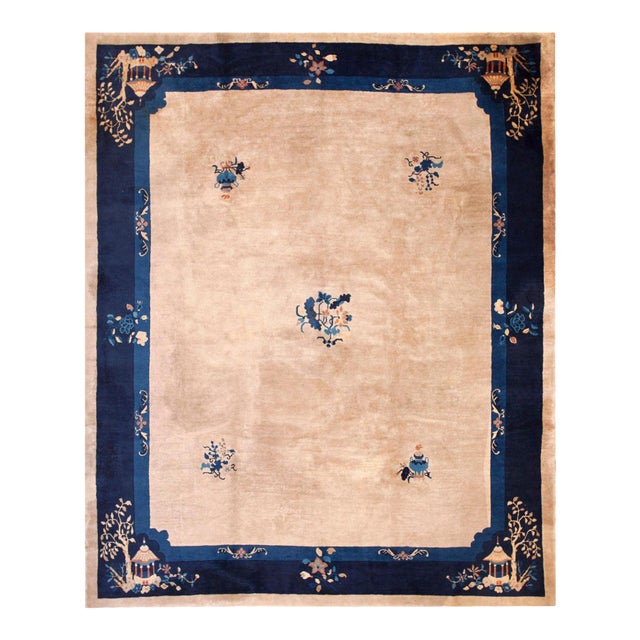1930s Beige Floral Antique Chinese Peking Rug 8'0"x 9'8" Handknotted Wool Carpet For Sale