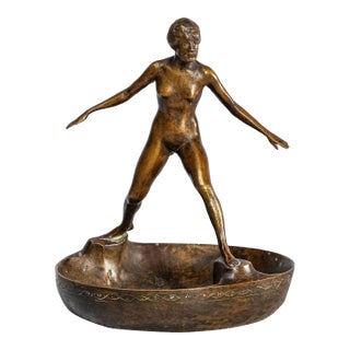 Art Deco Antique Bronze Artist Signed Nude Female Form Sculpture Statue Bowl Catchall Dish For Sale