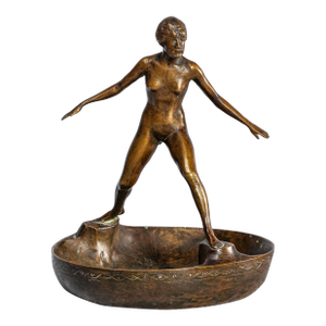 Art Deco Antique Bronze Artist Signed Nude Female Form Sculpture Statue Bowl Catchall Dish