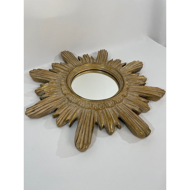 Vintage Mid Century 16.5" Creamy Giltwood Sunburst Wall Mirror For Sale - Image 6 of 18