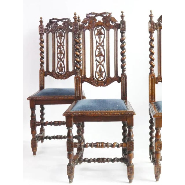 Antique Renaissance Wooden Chair with Blue Velvet Seat For Sale - Image 5 of 11