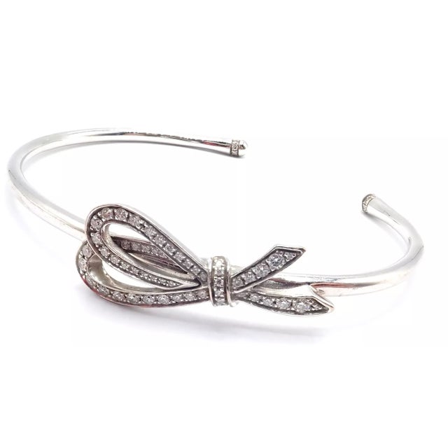 Late 20th Century Tiffany & Co. White Gold Diamond Bow Ribbon Bangle Cuff Bracelet For Sale - Image 10 of 10