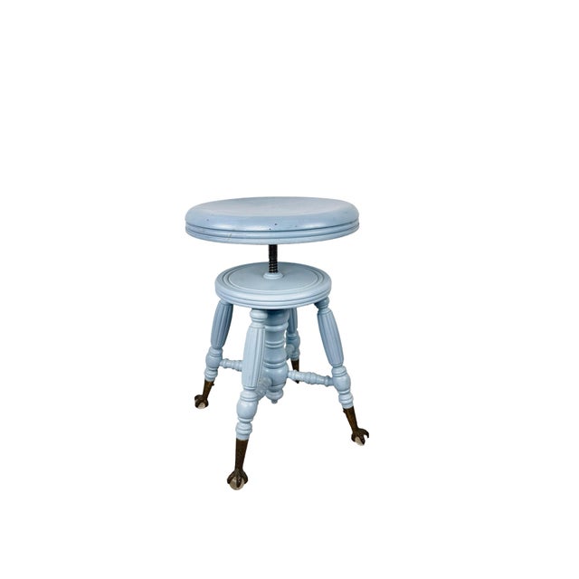 Early 20th Century Victorian Adjustable Piano Stool in Powder Blue Paint, Claw & Glass Ball Feet For Sale - Image 5 of 17