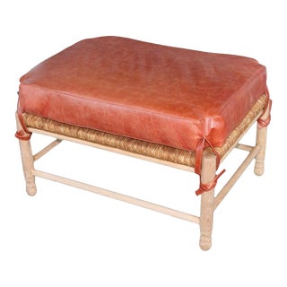 Leather & Hand Woven Rush Seat Ottoman For Sale