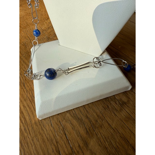 1990s Sterling Silver Lapis Lazuli Necklace Earrings Set - 3 Pieces For Sale - Image 6 of 11