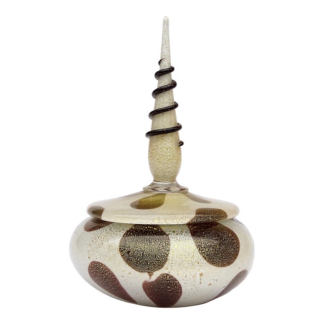 Vintage Murano Barbini Vanity Jewelry Powder Box White Black Gold Flecks Spike Italian Art Glass Jar For Sale