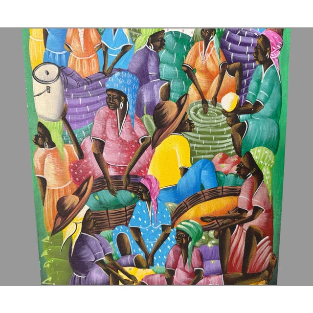 Folk Art Late 20th Century Vintage Artist Signed Haitian Market Scene Oil Painting on Canvas For Sale - Image 3 of 7