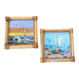 Oil Coastal Paintings in Thick Bamboo Frames. Pair For Sale