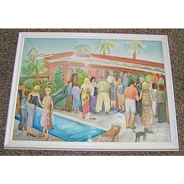 Sky Blue 1970s Original Palm Springs Hysterical Society Poolside Gossip Party Watercolor Framed Paintingi For Sale - Image 8 of 9