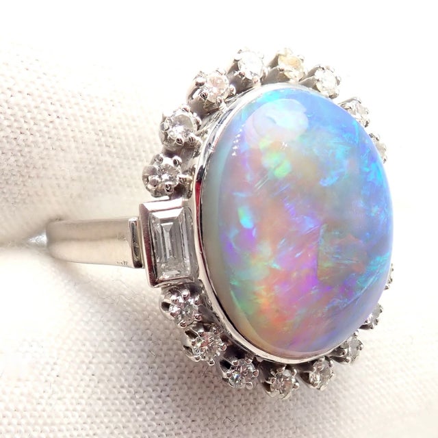 Gemstone Antique Vintage Estate Palladium Diamond Opal Ring, Size 6.5 For Sale - Image 7 of 11