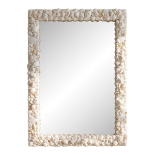 Large White Shell Mirror, 24x34 Coastal Wall Mirror, Handmade Natural Seashell Frame, Luxury Beach House Decor For Sale