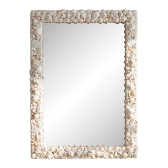 Large White Shell Mirror, 24x34 Coastal Wall Mirror, Handmade Natural Seashell Frame, Luxury Beach House Decor For Sale