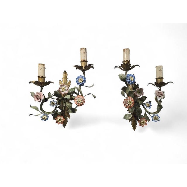 Vintage Wall Sconces with Porcelain Flowers, 1950s, Set of 2 For Sale - Image 3 of 11