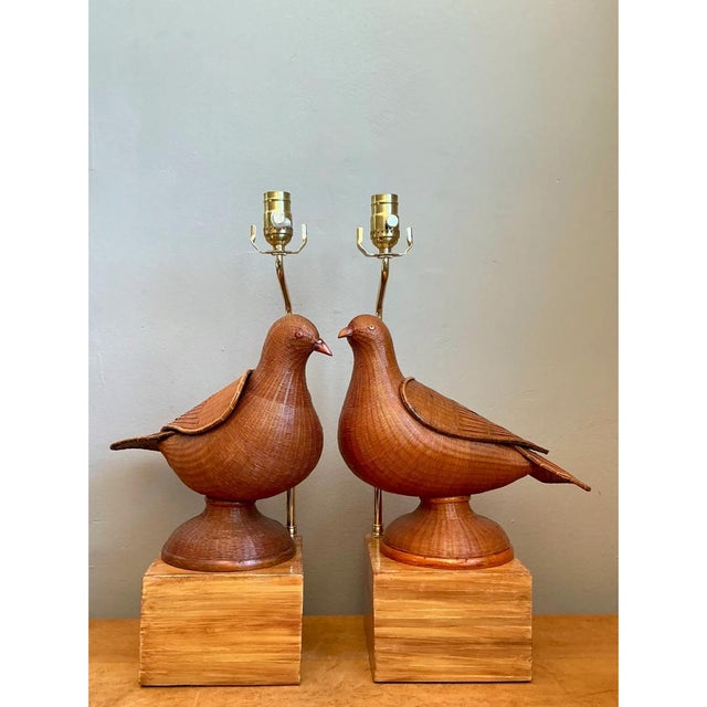 Wood Vintage Shanghai Weave Lovebird Lamps- A Pair For Sale - Image 7 of 12