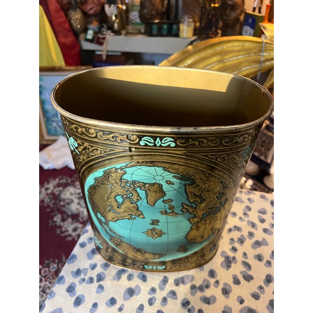 Metal 1970s Small Gold World Map Wastebasket With Teal Accents For Sale - Image 7 of 9