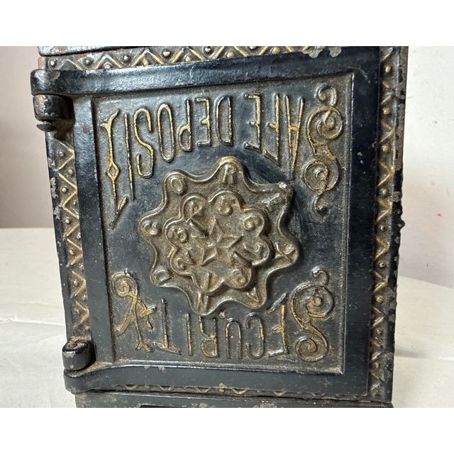 19th Century Rare Mistake Antique 1888 Cast Iron Security Safe Deposit Lockable Still Bank For Sale - Image 5 of 12