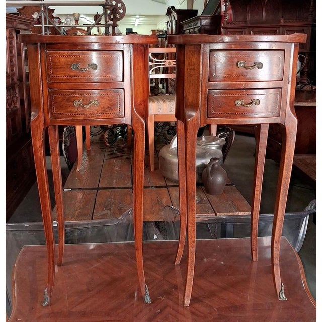 1950s Louis XV Style Drum-Shaped Bedside Tables in Cherrywood and Marquetry, 1950s, Set of 2 For Sale - Image 5 of 6