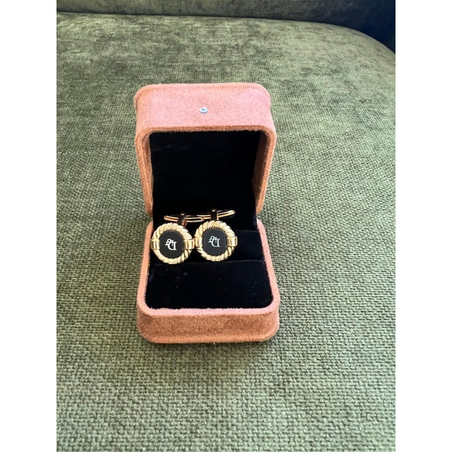Rare Gold Plated & Onyx Vintage Art Deco Christian Dior Cufflinks In Lux Case For Sale - Image 9 of 9