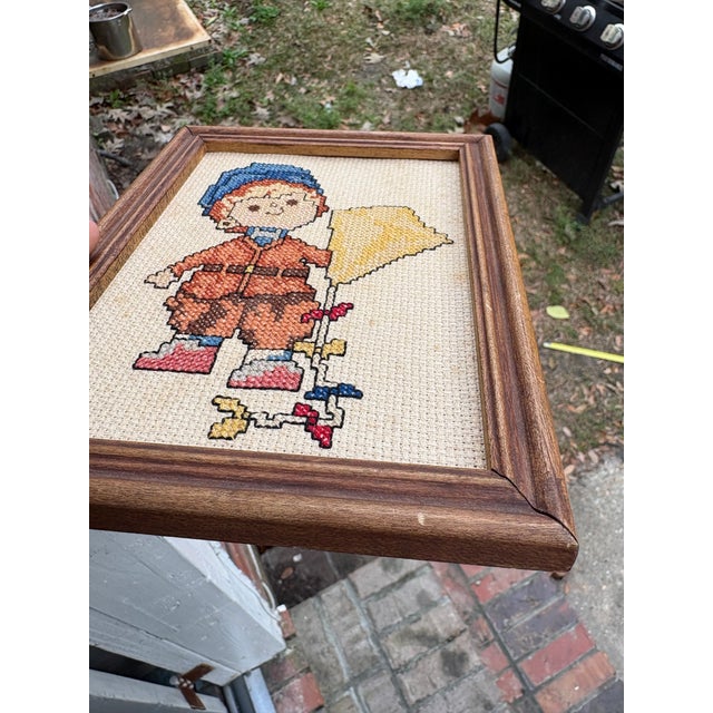 Late 20th Century Vintage Cottage Core Cross Stitch, Needlepoint, Embroidered Framed Art of Little Boy & Kite, Textile Art For Sale - Image 5 of 8