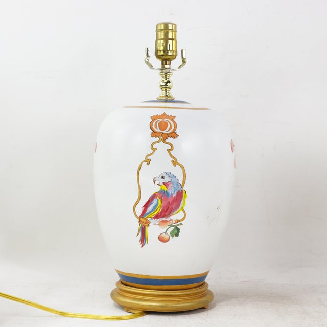 Vintage Hand-Painted Ceramic Table Lamps With Chinoiserie Parrots and Cherry Motif - a Pair For Sale - Image 4 of 14