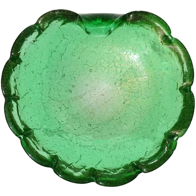 Murano Vintage Green Crackle Surface Gold Flecks Italian Art Glass Decorative Scallop Rim Bowl For Sale - Image 9 of 9