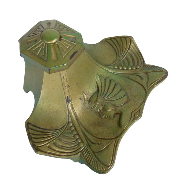 Art Nouveau Antique Art Nouveau Brass Inkwell With Original Glass Liner . Jugendstil Desktop Decor . Early 1900s Goddess Motif For Sale - Image 3 of 11