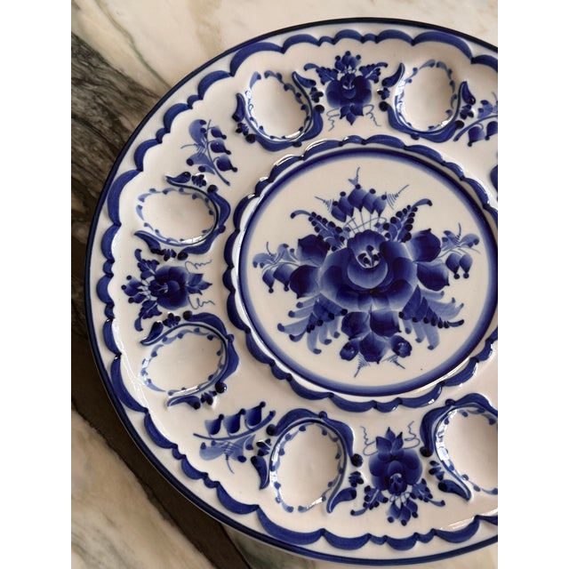 Ink Blue Vintage Gzhel Hand Painted Oyster Plate or Egg Plate For Sale - Image 8 of 9