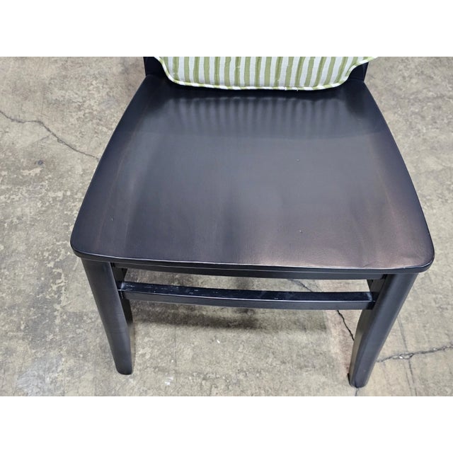 Set of 6 Pottery Barn Black X Back Dining Chairs With Green Striped Padded Seats For Sale - Image 12 of 13