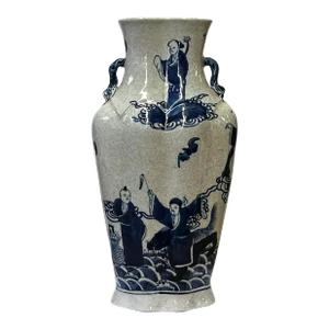 Chinese Light Almond Porcelain Eight Immortal Graphic Flat Body Vase