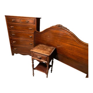 Vintage Wood Bedroom Set Grape Clusters: Full Size Double Bed Frame Matching Side Table & Chest of Drawers For Sale