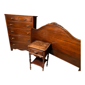 Vintage Wood Bedroom Set Grape Clusters: Full Size Double Bed Frame Matching Side Table & Chest of Drawers
