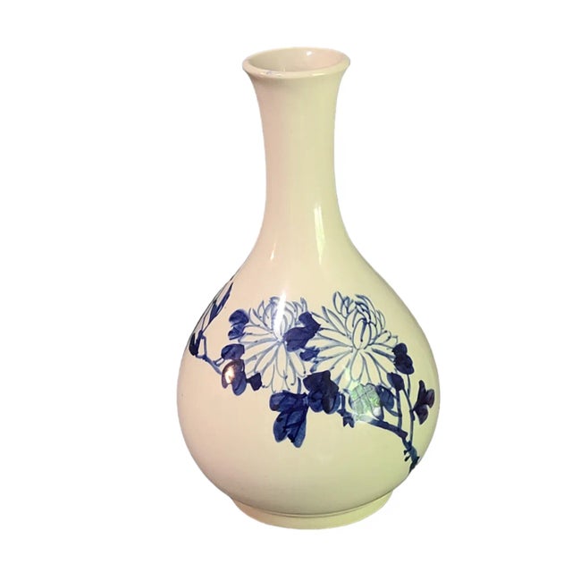 Mid 20th Century Vintage Pottery Vase Hand Painted Blue Floral Made in Korea Marked For Sale - Image 6 of 6
