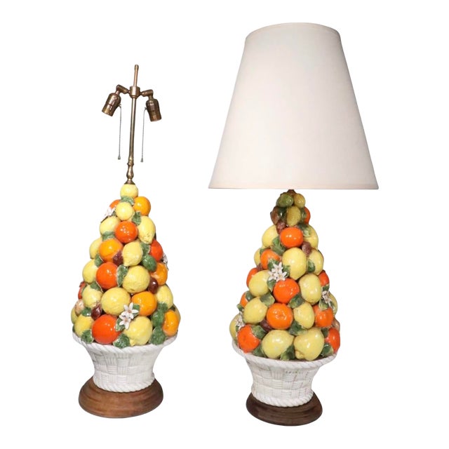 Mid 20th Century Assembled Pair of Italian Majolica Fruit Lamps - a Pair For Sale