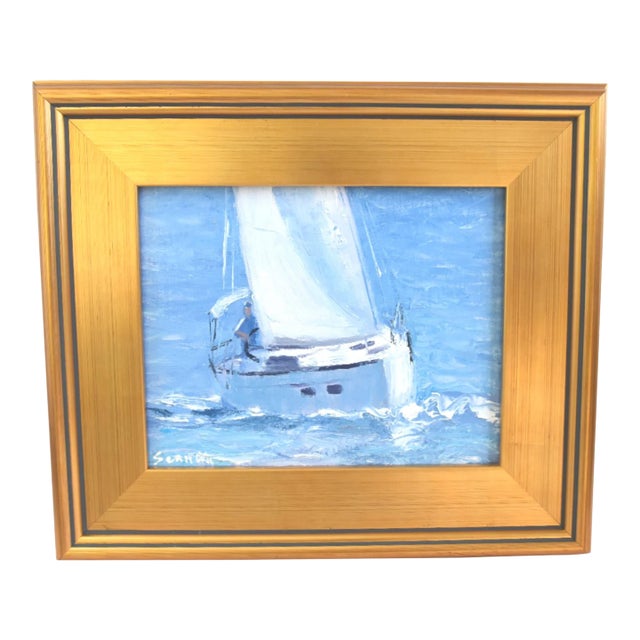 Sailboat Nautical Ocean Oil Painting Including the Antiqued Gold Wood Frame For Sale