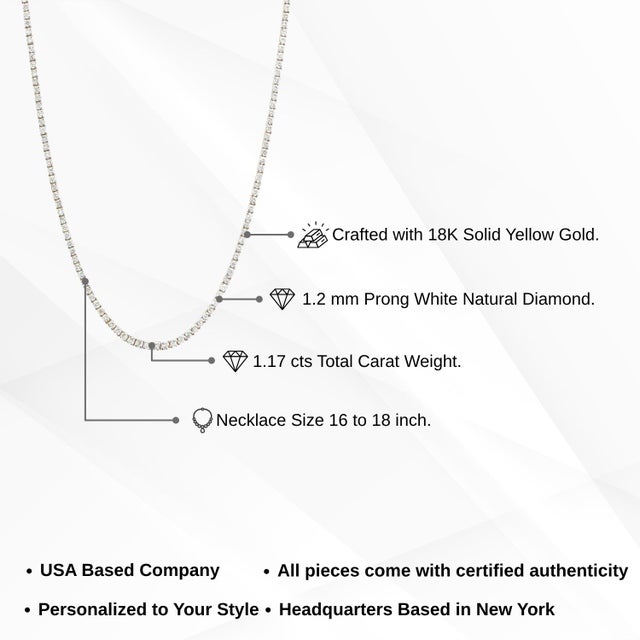 1.17ct Round Brilliant Diamond Tennis Necklace in 18k Yellow Gold- 18 Inch For Sale - Image 11 of 16