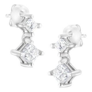 14K White Gold 3/4 cttw Double Diamond Princess-Cut Stud Earrings (I-J Clarity, I2-I3 Color) For Sale