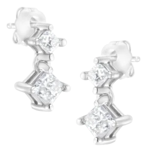 14K White Gold 3/4 cttw Double Diamond Princess-Cut Stud Earrings (I-J Clarity, I2-I3 Color)