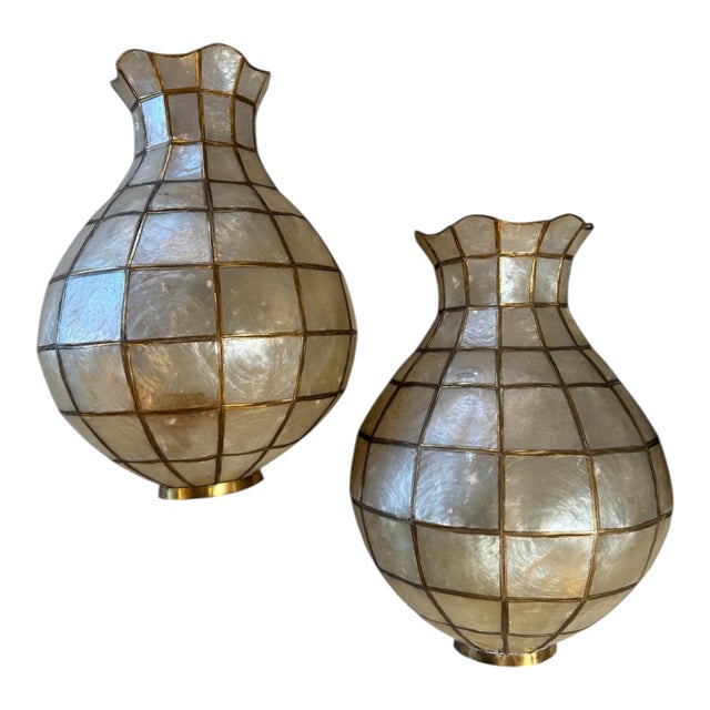 Pair of Capiz Shell and Brass Wall Sconces Large, 1970s For Sale