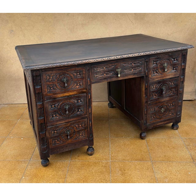 Antique Spanish Carved Oak Desk, 1910 For Sale - Image 4 of 10