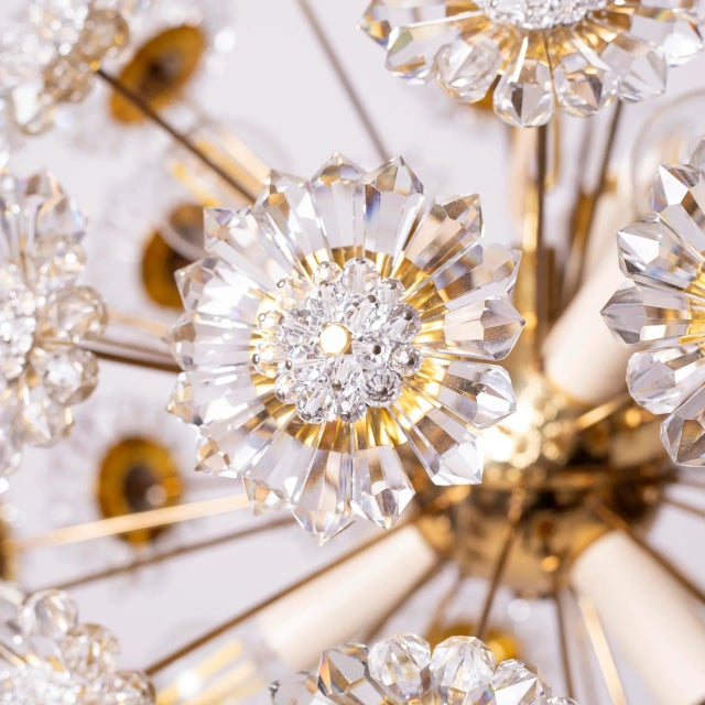 Crystal Glass and Brass Flower Chandelier from Kamenický Šenov, Former Czechoslovakia, 1970s For Sale - Image 4 of 6