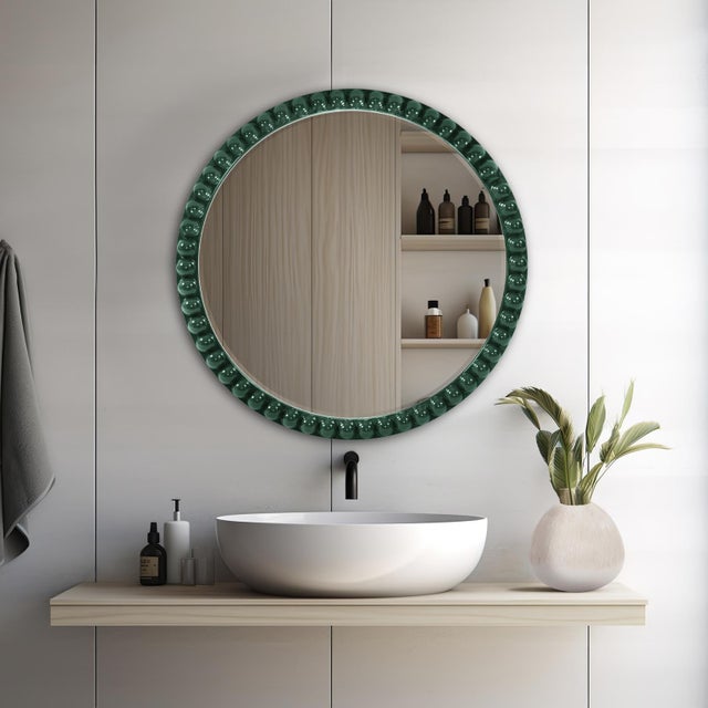 Varsha Round Oversized Beaded Mirror in Glossy Hunter Green For Sale - Image 9 of 9